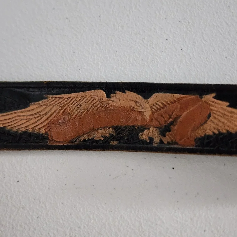 Vintage Western Tooled Leather Eagle Belt Horse Buckle Black Tan Mens 38 6279